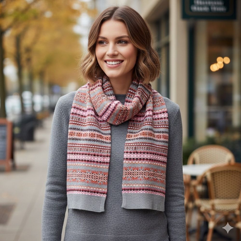 Talbots Modern Fair Isle Scarf Pink Gray MultiColor Knit Winter Warm Soft Cozy